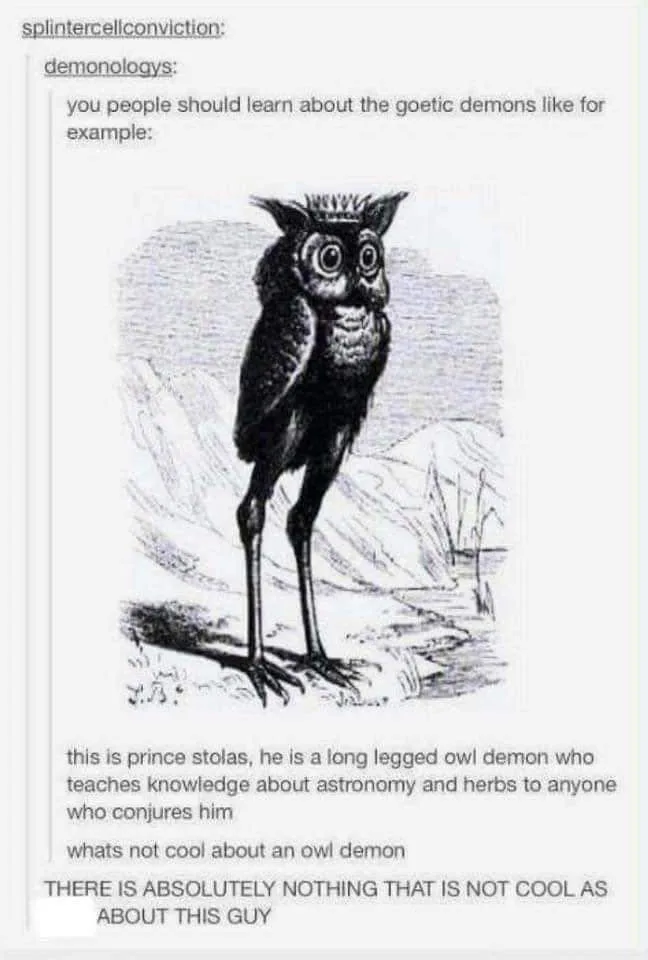 A black-and-white sketch of a tall, long-legged owl demon wearing a crown, standing on a rocky outcrop. The image is…