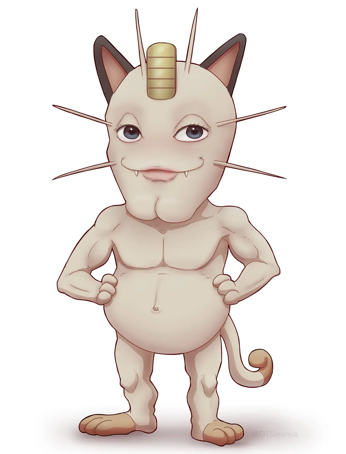 A cartoon cat-like creature with a muscular, chiseled torso and arms, but a large, round belly, stands confidently with…