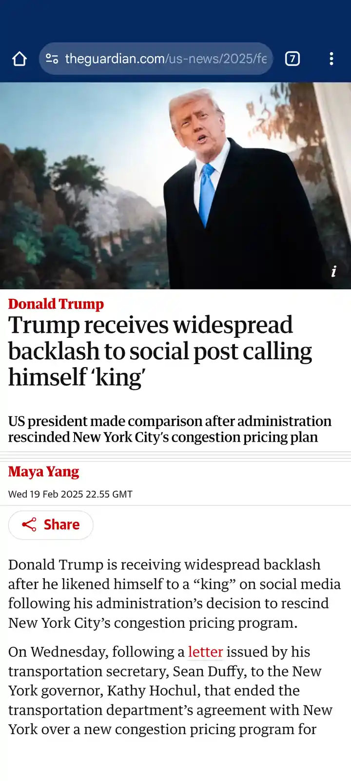 A screenshot of a The Guardian news article from February 19, 2025, featuring a photo of Donald Trump in a suit and blue tie…