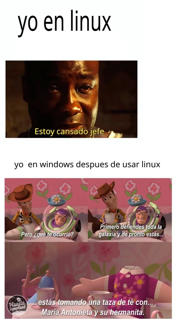 The meme features two panels. The top panel shows a close-up of a weary-looking man with the text 'yo en linux' and 'Estoy…