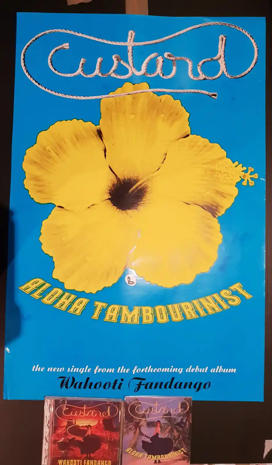 A promotional poster for the band Custard's single 'Aloha Tambourinist' features a large yellow hibiscus flower against a…