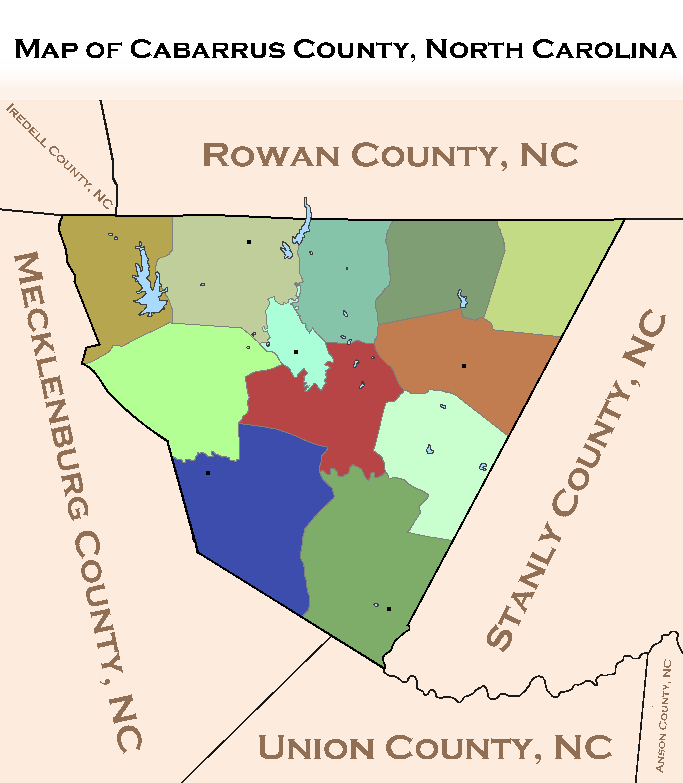 A colorful political map of Cabarrus County, North Carolina, showing its irregularly shaped boundaries and its neighboring…