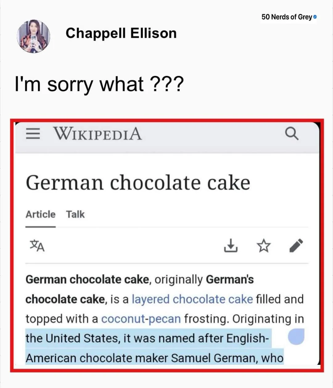 The image shows a screenshot of a Wikipedia page for 'German chocolate cake,' with the first paragraph visible. The text…