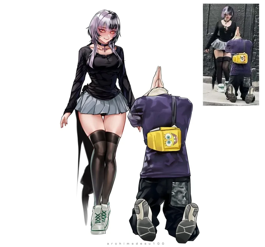 An anime-style illustration shows a girl with purple hair and red eyes walking away from a kneeling man in a purple shirt…