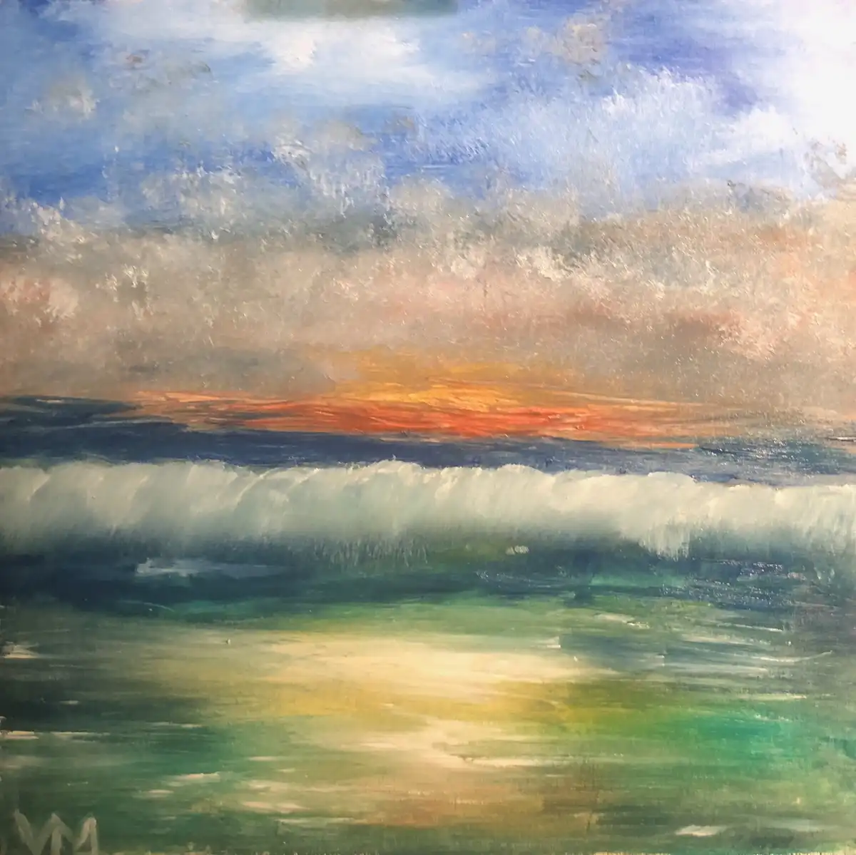 An oil painting depicts a dramatic ocean scene with a colorful sunset or sunrise horizon, turbulent white-capped waves in…