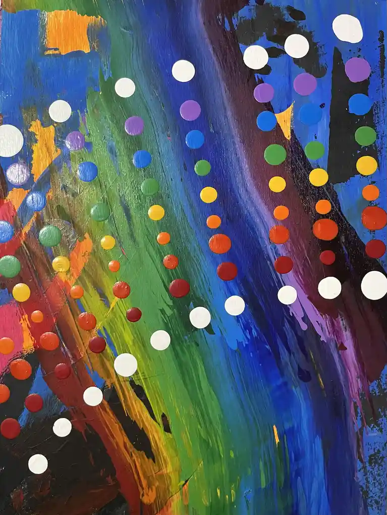 A colorful abstract painting with swirling rainbow hues of blue, green, orange, and purple, overlaid with numerous rows of…