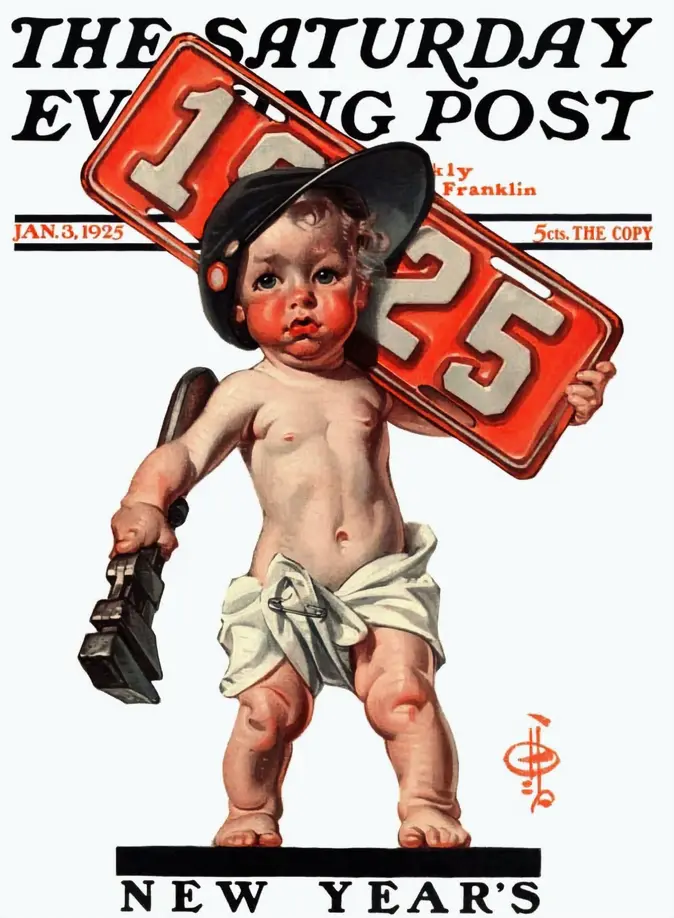A vintage 1925 Saturday Evening Post cover depicts a chubby, diapered baby wearing a black hat and holding a large red…