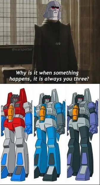 The top half shows a character resembling Darth Vader with a Transformer head, standing in a dark room. The bottom half…