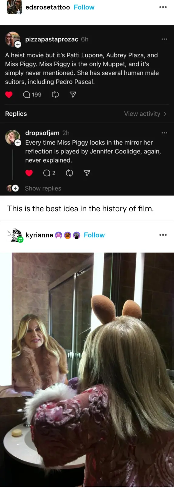 A woman with blonde hair and pig ears looks into a bathroom mirror, where her reflection is a different woman with blonde…