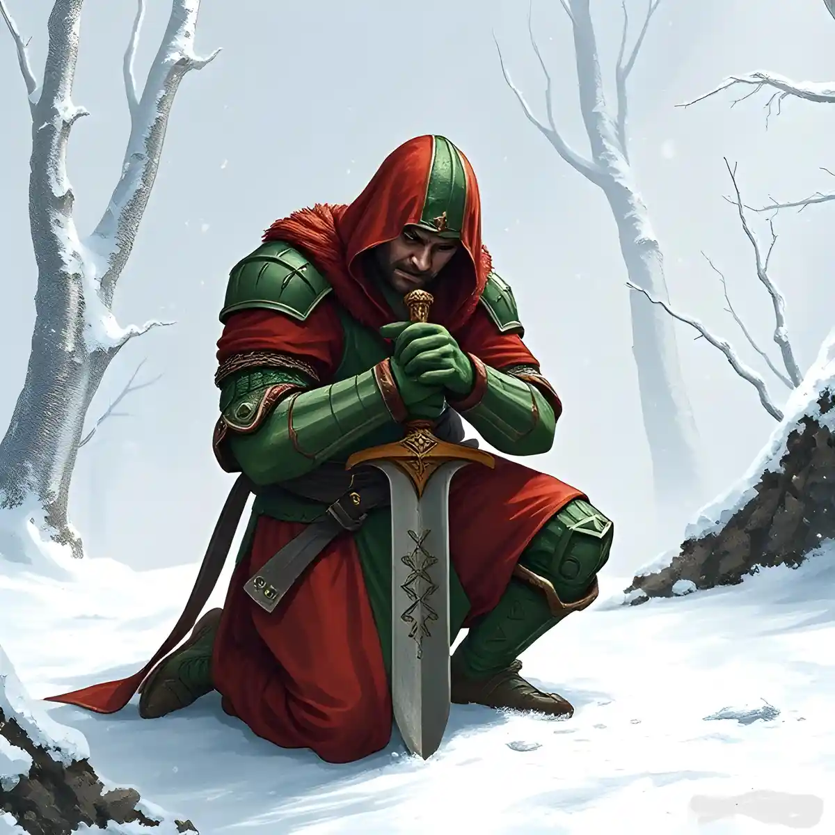 A knight in green armor and a red hood kneels in a snowy forest, holding a sword upright in the snow with a somber…