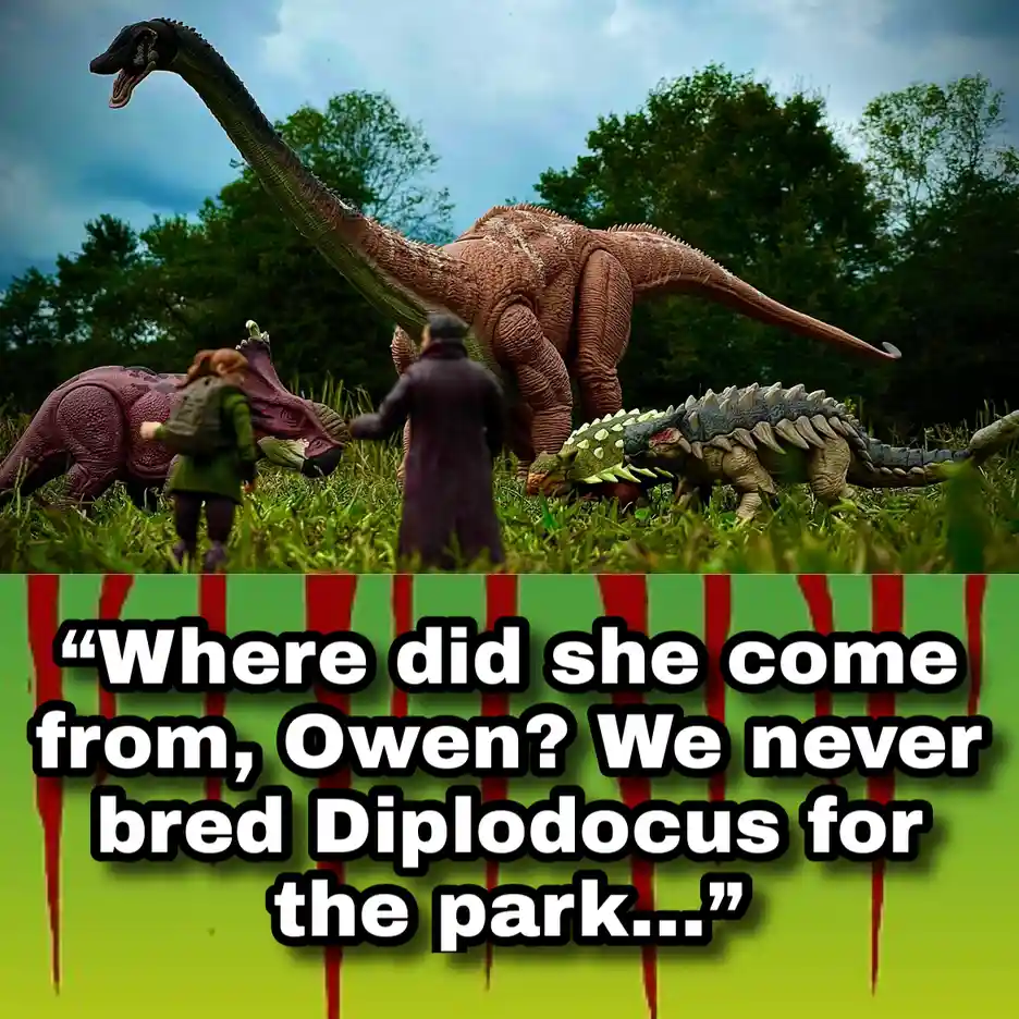 The image shows three toy dinosaurs—a large Diplodocus, a Triceratops, and a Stegosaurus—alongside two human figurines in a…