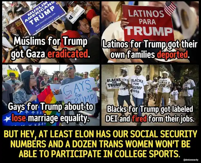 A four-panel meme collage shows crowds holding signs like 'Muslims for Trump,' 'Latinos para Trump,' 'Gays for Trump,' and…