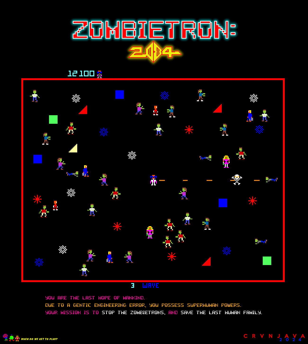 A pixelated retro video game titled 'ZOMBIE TRON: 2004' shows a chaotic battlefield with green zombie-like figures, colorful…