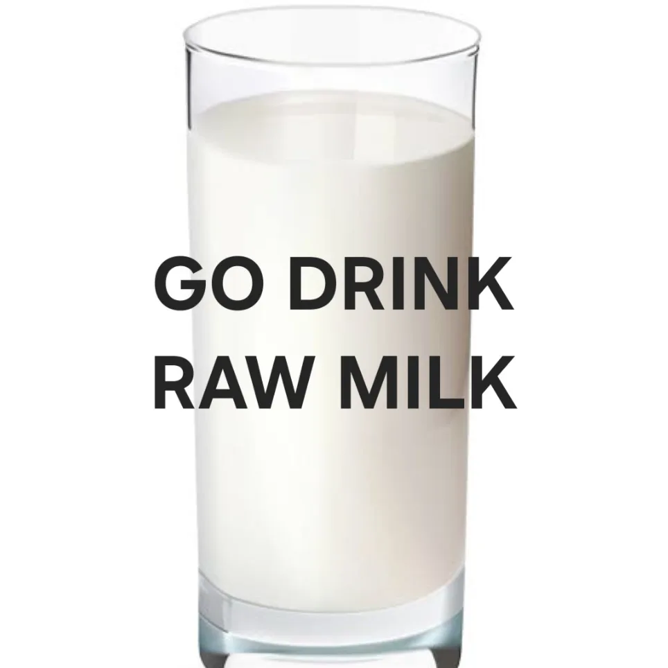 A clear glass filled with white milk is centered against a plain white background. Bold black text overlaid on the milk…