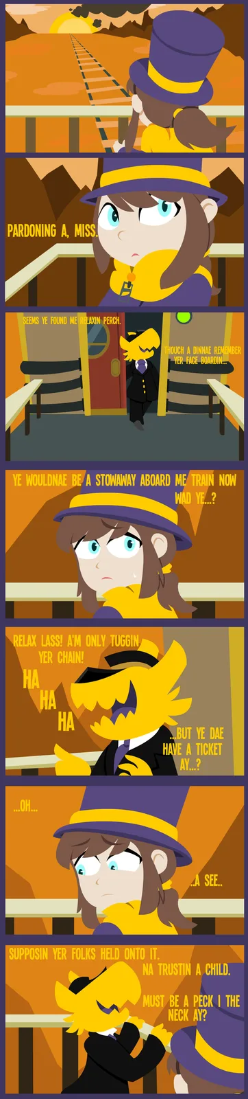 A comic strip featuring a young woman in a purple and yellow hat and scarf on a train, encountering a yellow-furred…