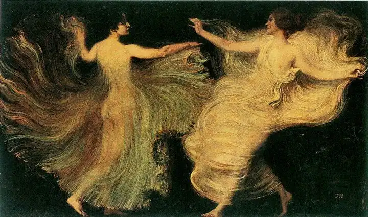 A classical painting depicts two women in flowing, ethereal gowns dancing dynamically against a dark background, their…