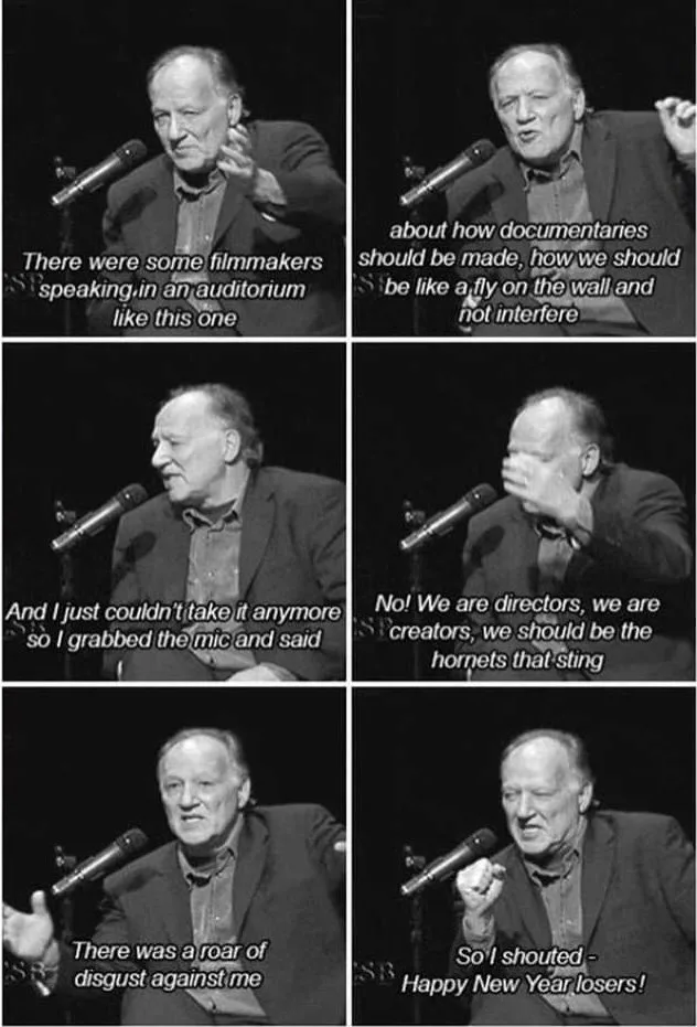A six-panel black-and-white meme featuring a man speaking at a microphone, reacting to filmmakers' advice on…