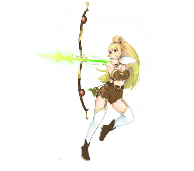 A blonde anime-style female archer in brown and white attire is depicted mid-action, drawing a glowing green arrow from a…