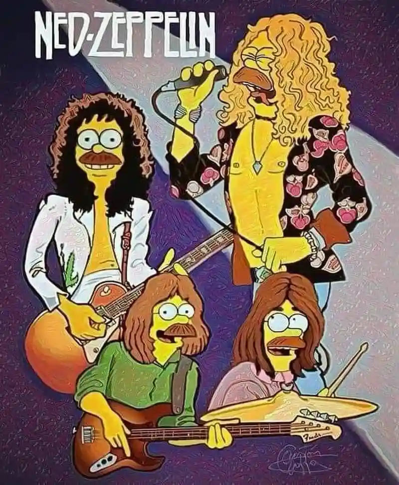 The image shows four characters from The Simpsons, drawn in the style of a rock band poster, with the title 'NED-ZEPPELIN'…