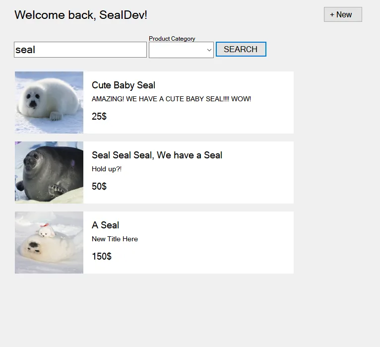 A mock e-commerce website interface greets a user named 'SealDev' after searching for 'seal'. The search results display…