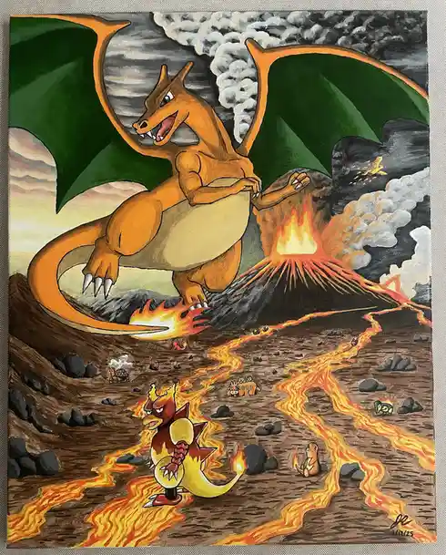 A painted artwork depicts a large, orange Charizard with green wings perched atop a volcanic landscape, surrounded by lava…