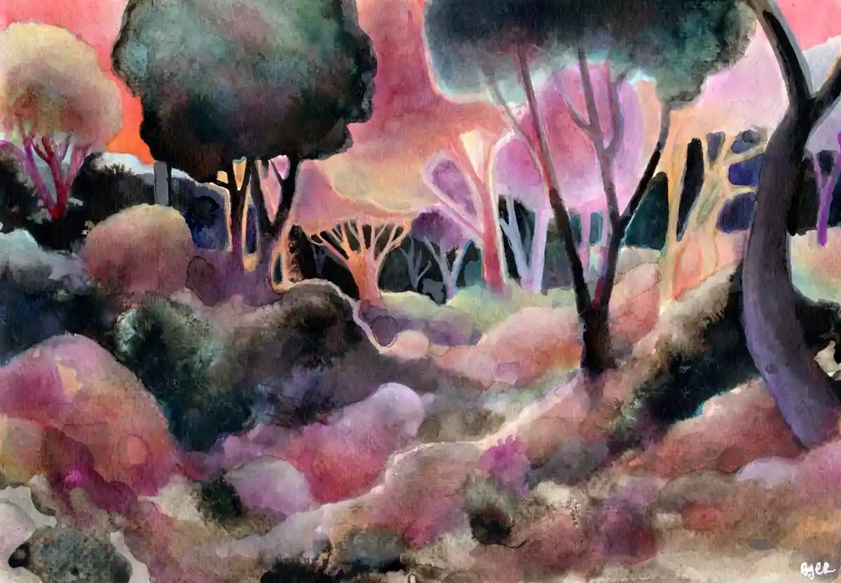 A watercolor painting of a surreal forest with stylized trees in purples, pinks, and oranges under a glowing sky. The image…