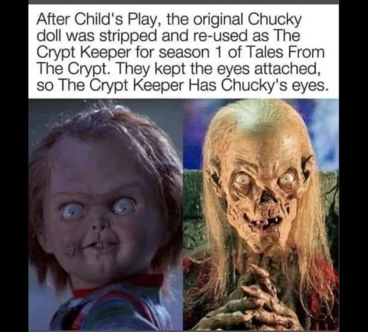 The image displays two side-by-side photos: on the left, the iconic Chucky doll with his wide blue eyes and stitched mouth…