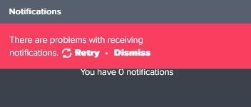A screenshot of a mobile app's notification panel showing a red error banner stating 'There are problems with receiving…