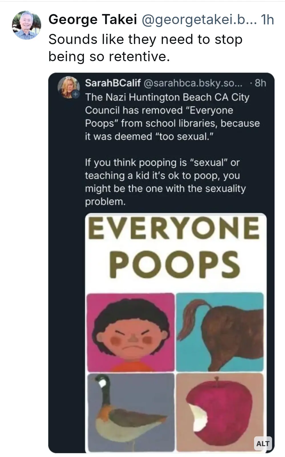 A screenshot of a social media post showing a book cover titled 'EVERYONE POOPS' with four illustrated squares: a child's…