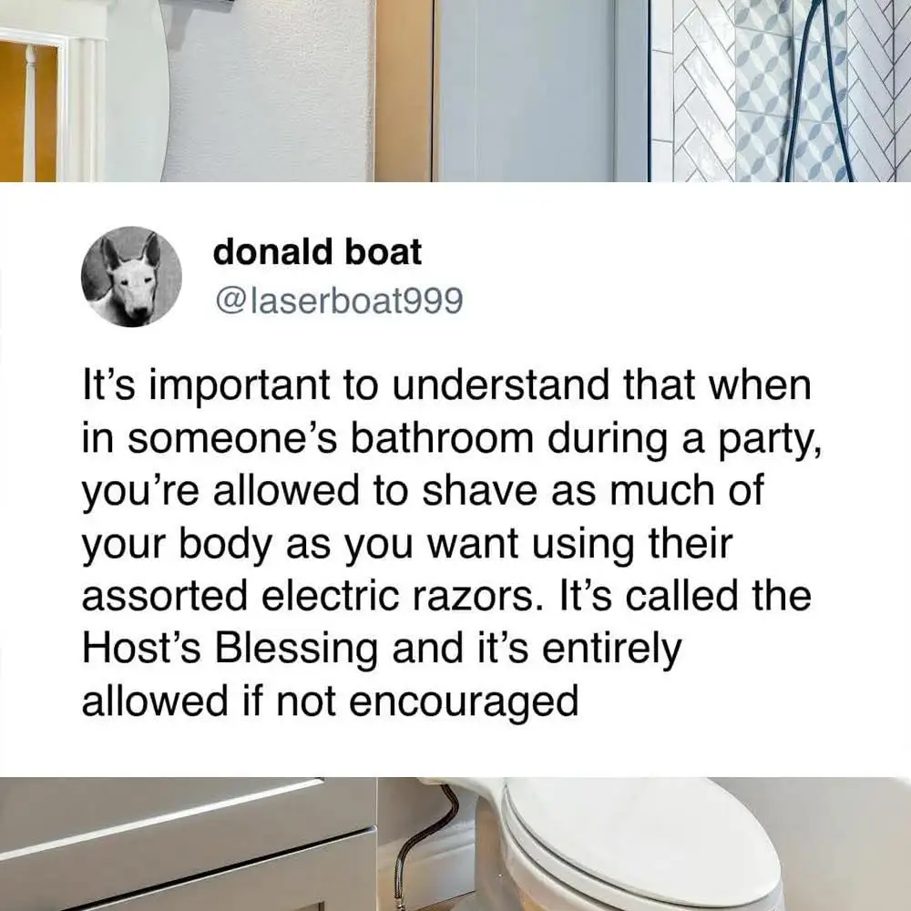 The image shows a screenshot of a tweet from user 'donald boat' (@laserboat999) overlaid on a background photo of a modern…