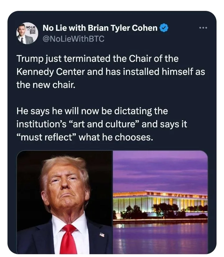 A screenshot of a tweet from 'No Lie with Brian Tyler Cohen' shows a split image: on the left, a photo of Donald Trump in a…