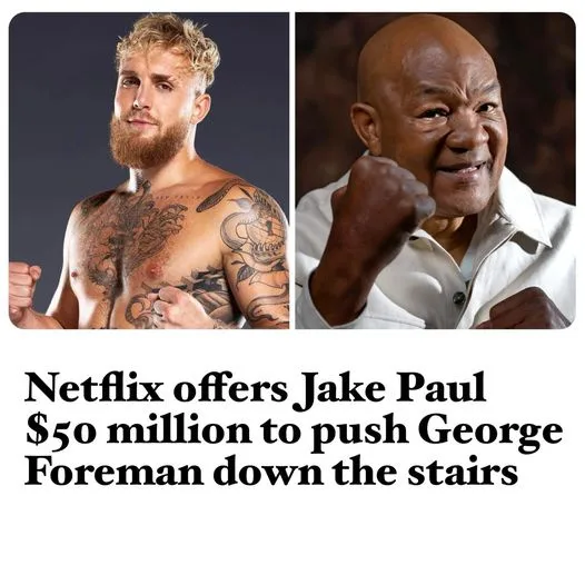 The image displays two side-by-side photos: on the left, a shirtless Jake Paul with tattoos and a beard, and on the right…