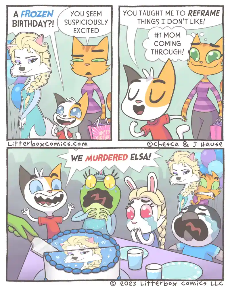 A three-panel comic strip featuring anthropomorphic cats at a birthday party. In the first panel, a cat in a purple striped…