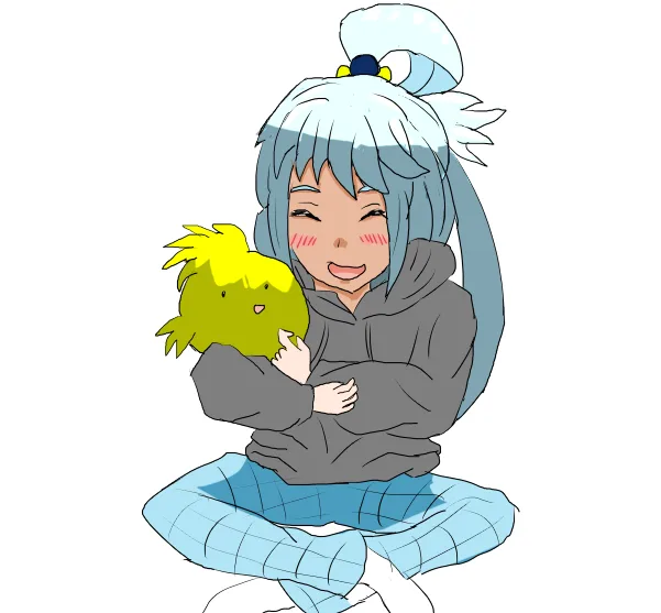 A cheerful anime-style girl with light blue hair tied in a high ponytail and wearing a grey hoodie and blue checkered pants…