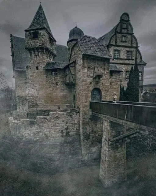A dark, misty, gothic-style stone castle with multiple towers and a wooden drawbridge, under a gloomy sky. A small, solitary…