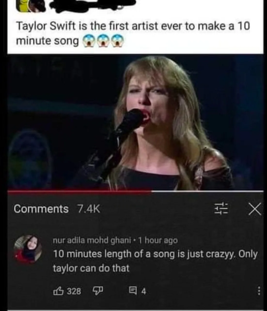 A screenshot of a social media post showing Taylor Swift singing into a microphone, overlaid with text claiming she is the…