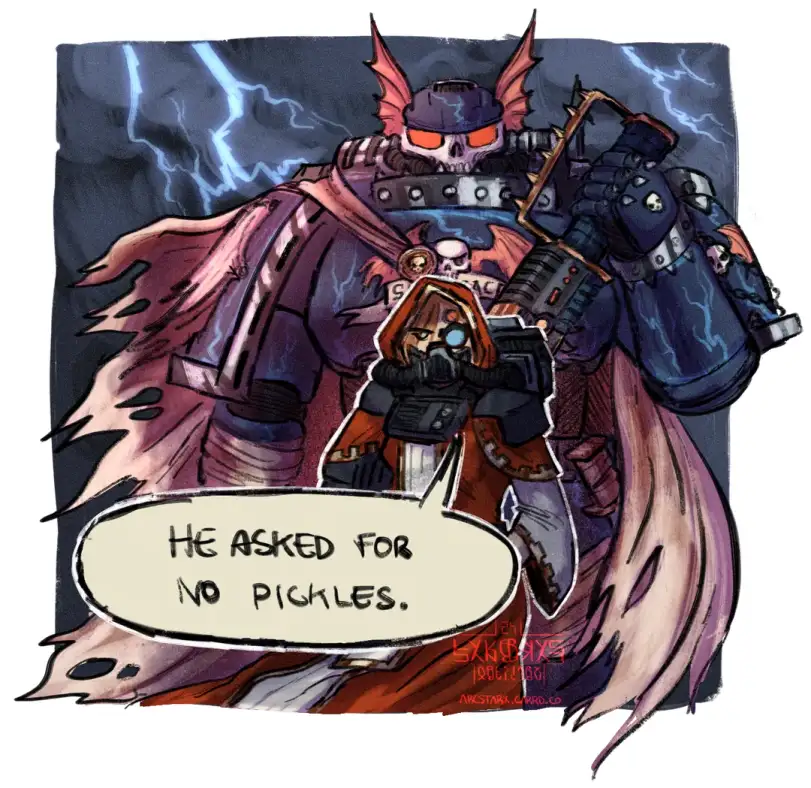 A cartoonish, heavily armored, demonic-looking figure with glowing red eyes and lightning in the background stands behind a…