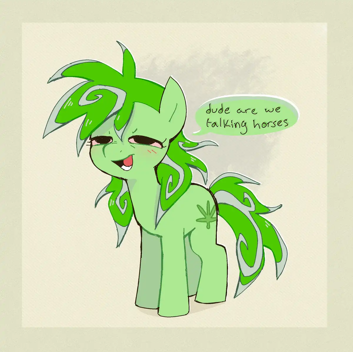 A green cartoon pony with spiky hair and a cannabis leaf cutie mark is smiling and winking while speaking in a speech…