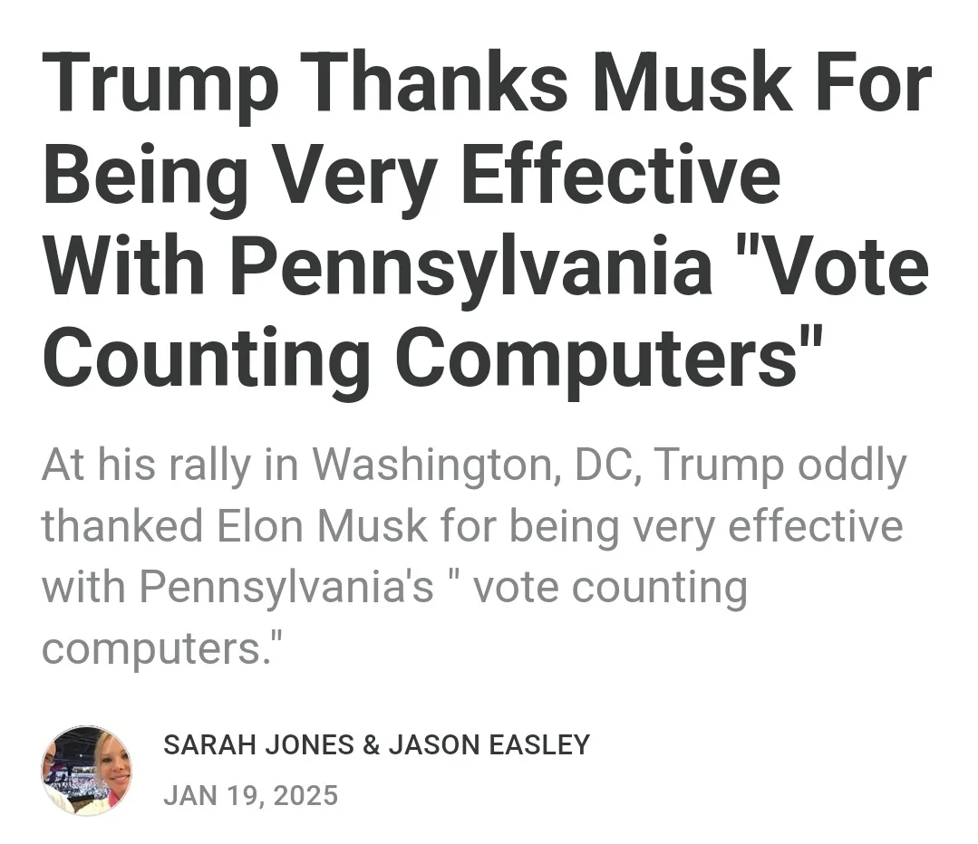 The image displays a mock news article headline reading 'Trump Thanks Musk For Being Very Effective With Pennsylvania "Vote…