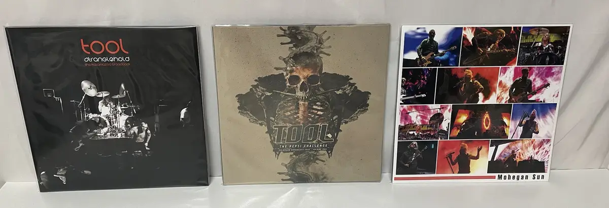 Three vinyl records by the band Tool are displayed side-by-side on a white surface. The left album is 'Strangeland: The…