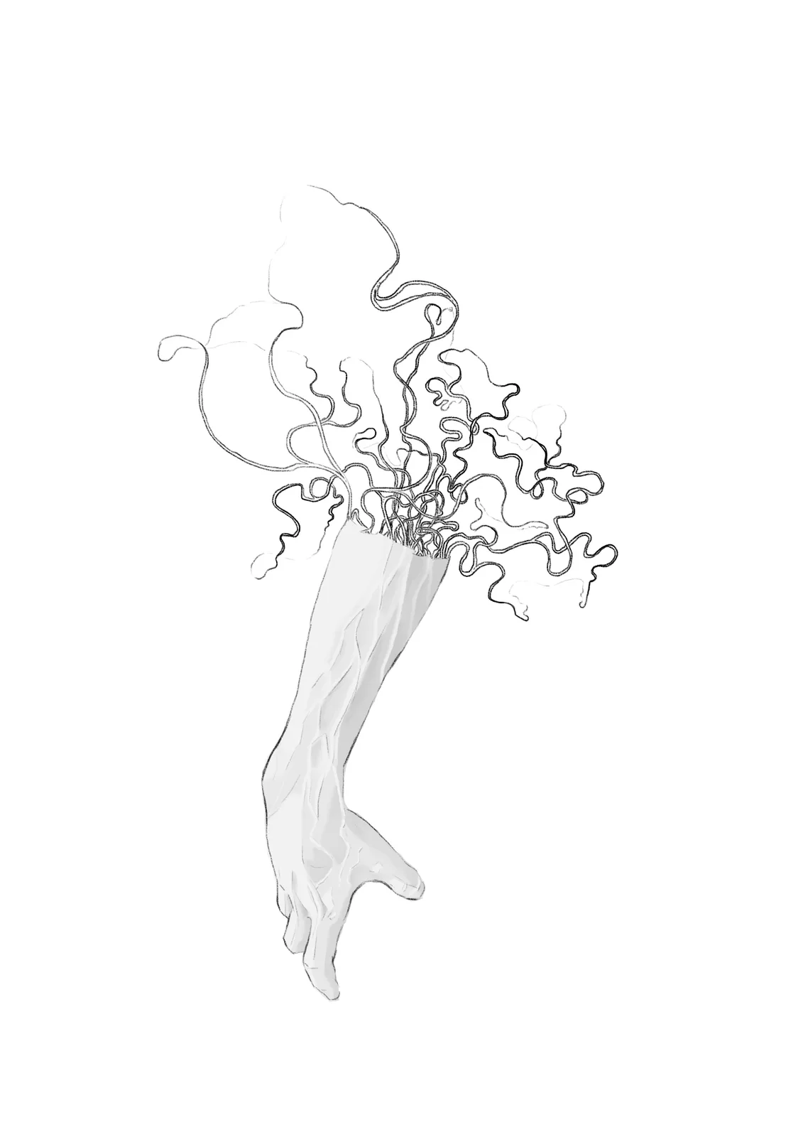 A grayscale line drawing shows a human arm and hand reaching upward, with a chaotic tangle of scribbled lines and smudges…