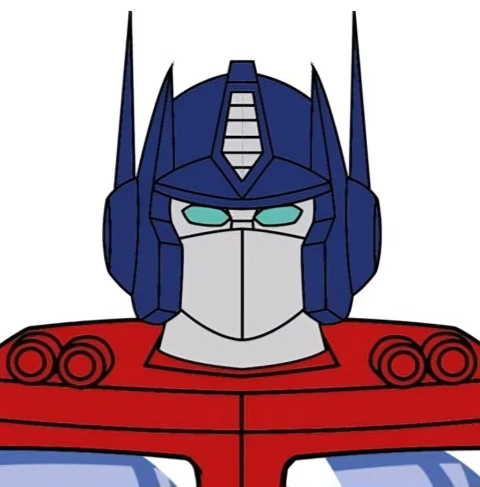 A cartoon-style illustration of Optimus Prime's head and shoulders, featuring his iconic blue helmet with pointed antennae…