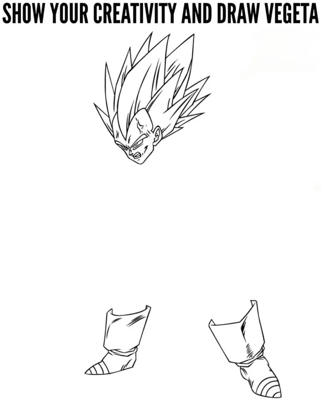 The image shows a black-and-white line drawing of the head of a spiky-haired anime character, with only the head and feet…