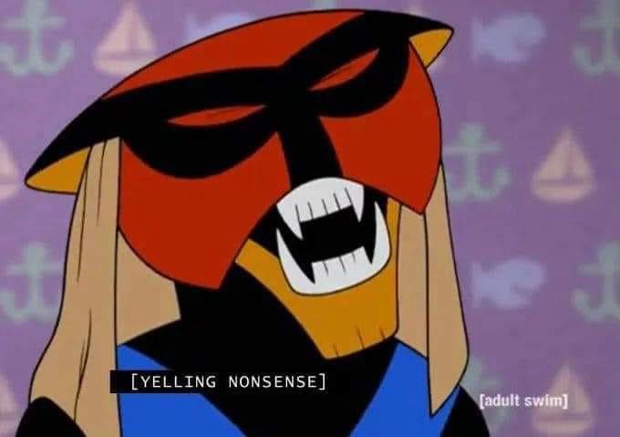 A cartoon character with a red mask, black eye slits, and a wide toothy grin, yelling with a subtitle reading '[YELLING…