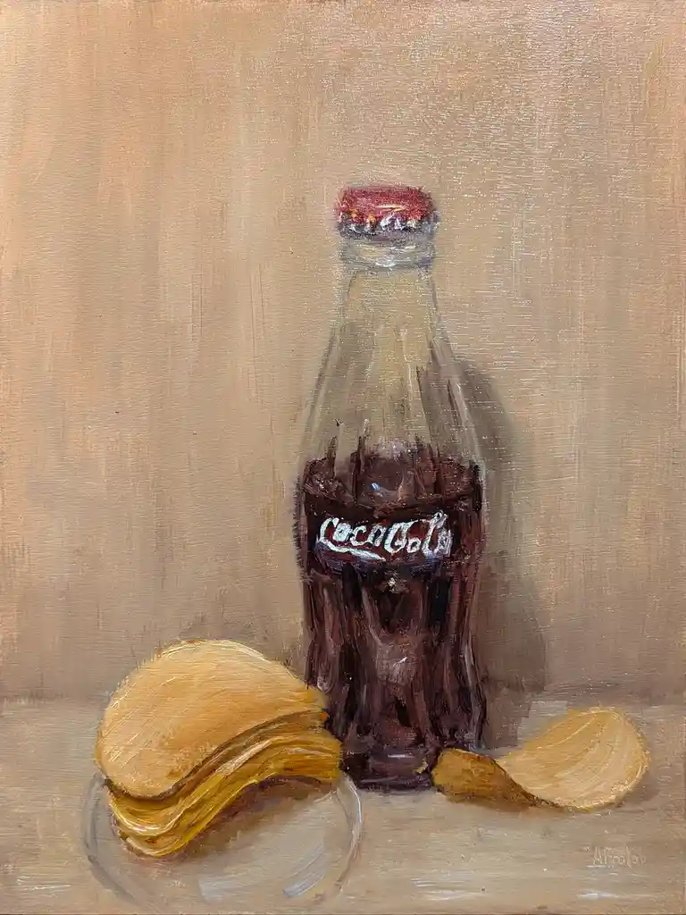 An oil painting depicts a classic Coca-Cola glass bottle with its iconic logo and red cap, standing next to a small pile of…