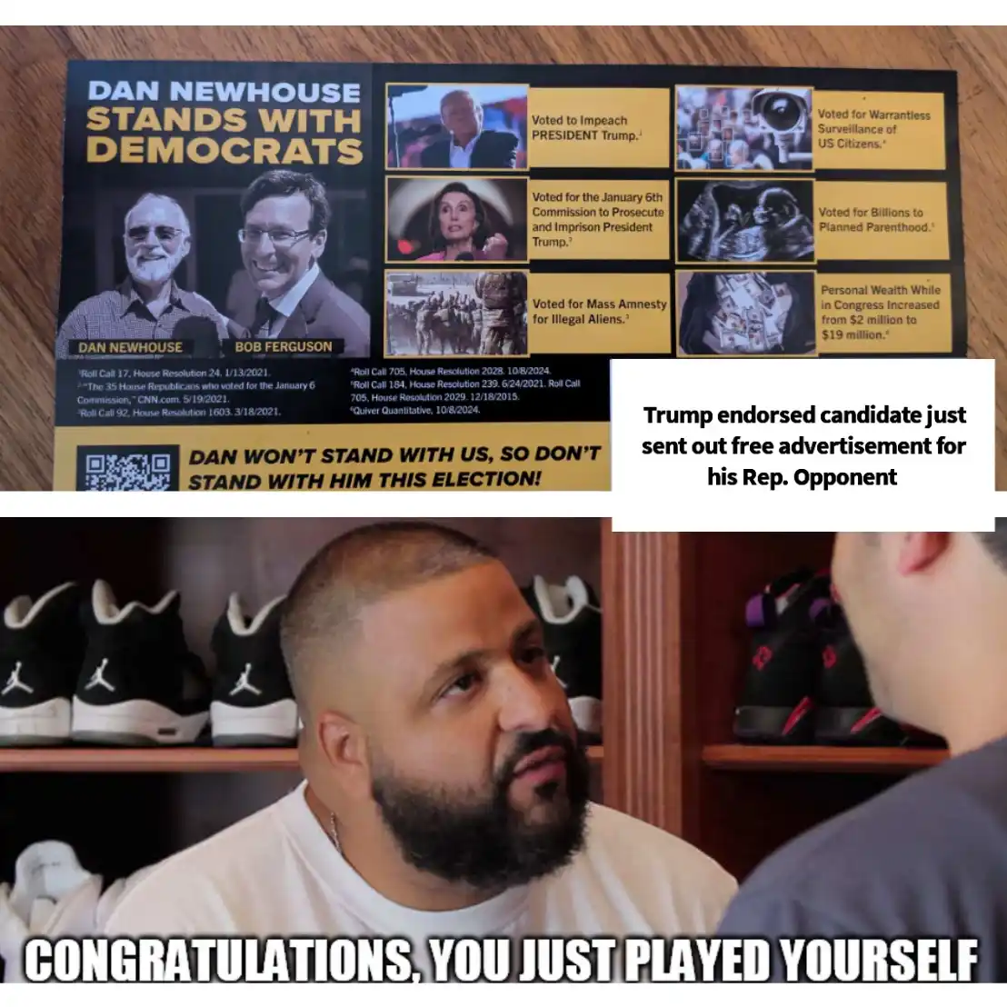 An image of a political flyer for Dan Newhouse, titled 'STANDS WITH DEMOCRATS,' listing his votes against Trump and his…