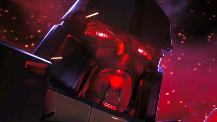 A close-up of a robotic face with glowing red eyes and a stern expression, set against a dark, starry red background. The…