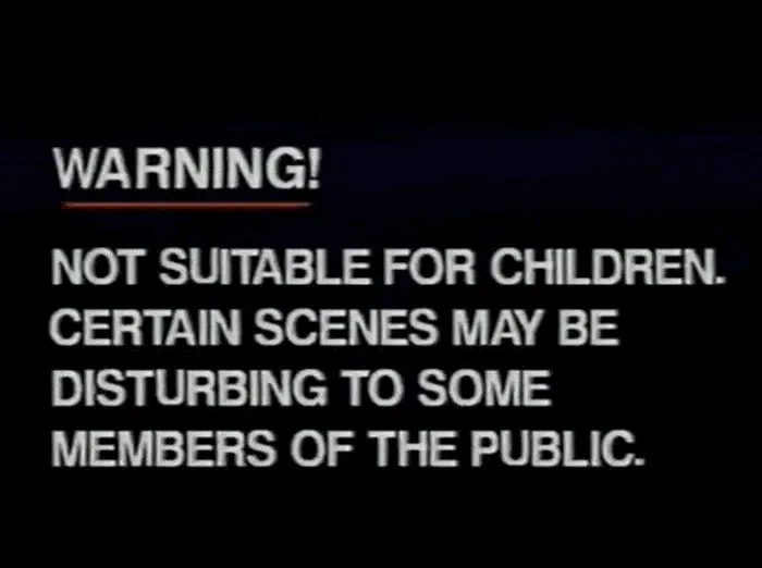 The image displays six identical warning screens arranged in two rows of three. Each screen has a black background with…
