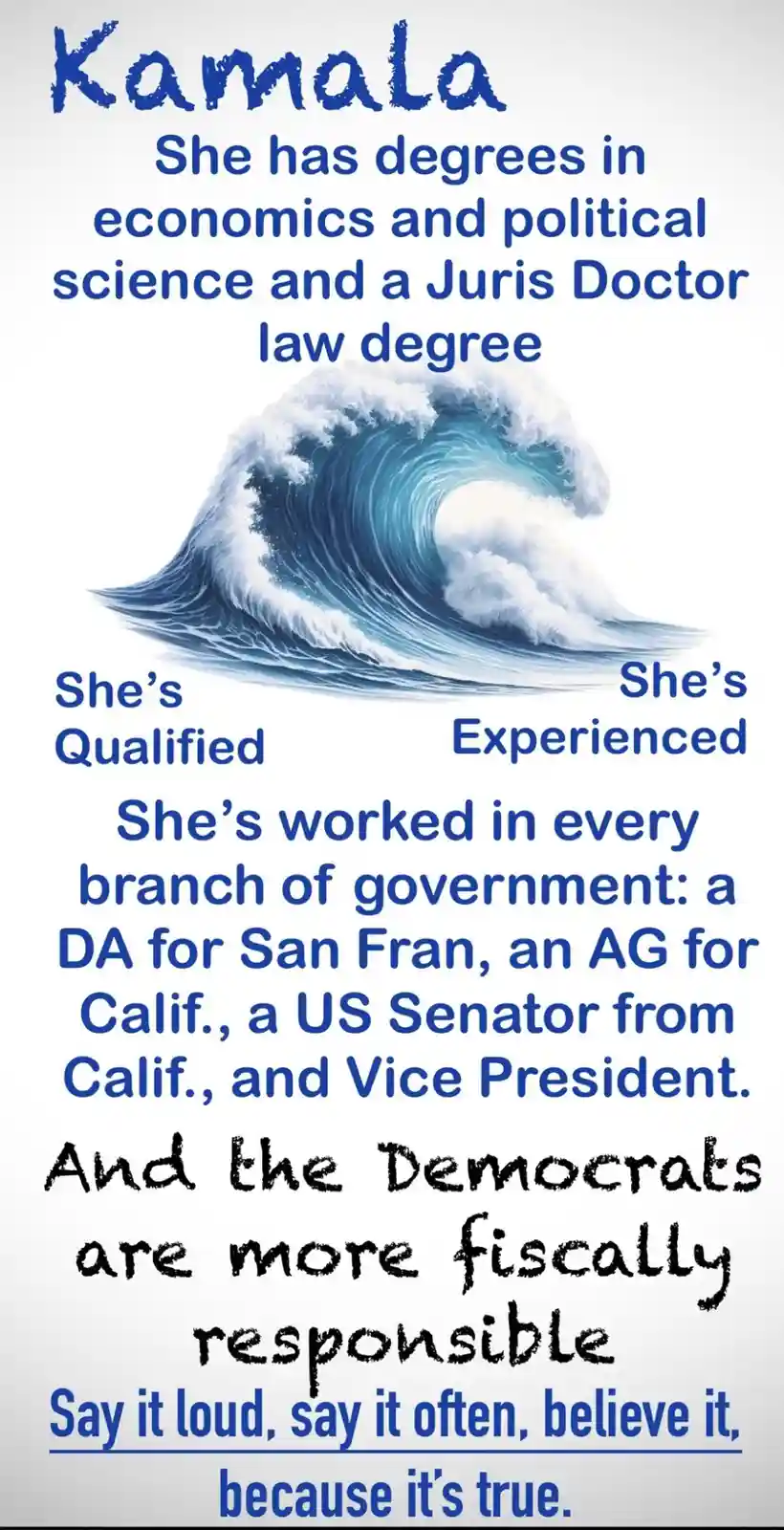 A graphic with a large blue ocean wave centered on a white background. Text in blue and black fonts lists Kamala Harris's…