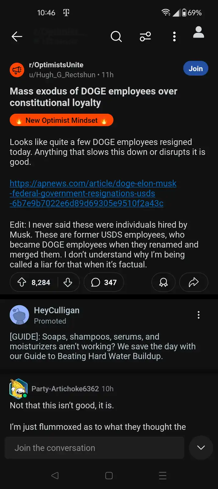 A screenshot of a Reddit post from r/OptimistsUnite where a user claims a 'mass exodus of DOGE employees' is good news…